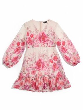 Girl In Mind Floral Pink Kady V-Neck Ruffle Mini Chiffon Sheer Puff Sleeve US 8
